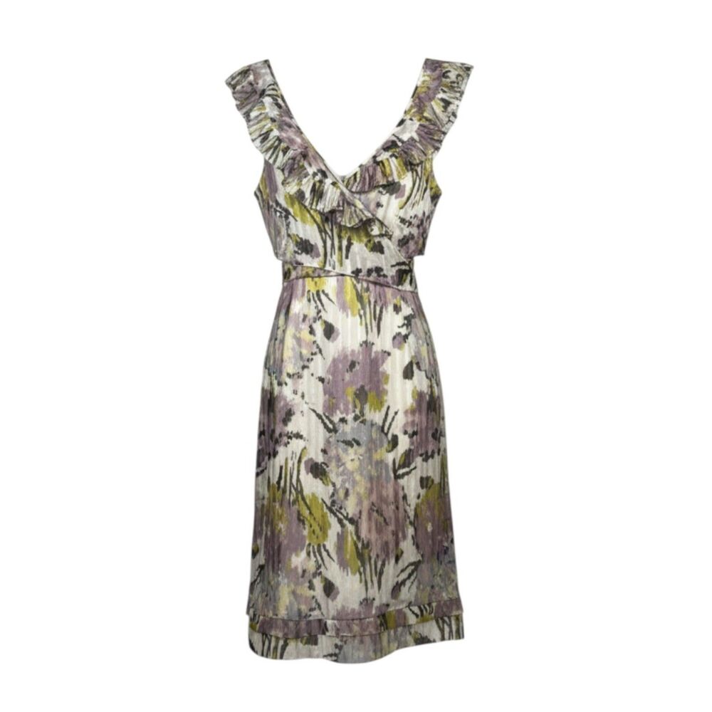 BCBGMAXAZRIA Vintage 100% Silk Floral Ruffle Midi Dress Coquette Wedding Guest